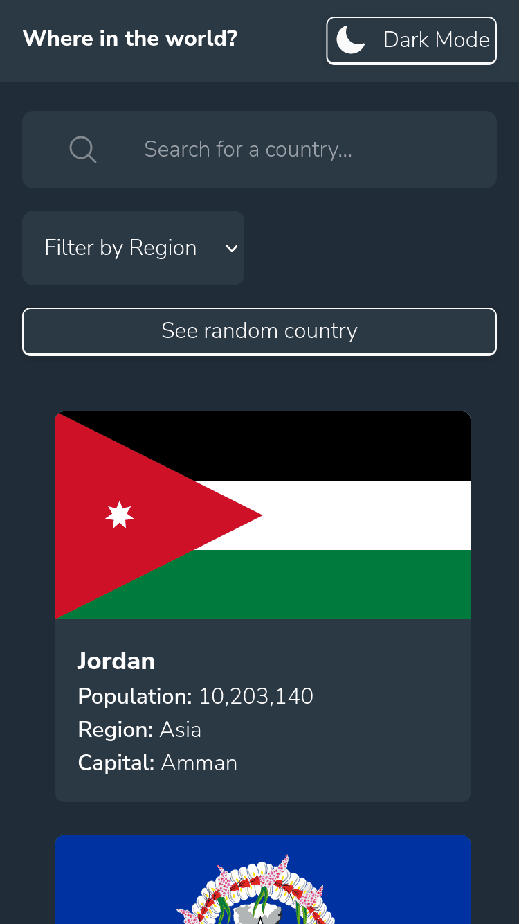 screenshot of countries app for mobile