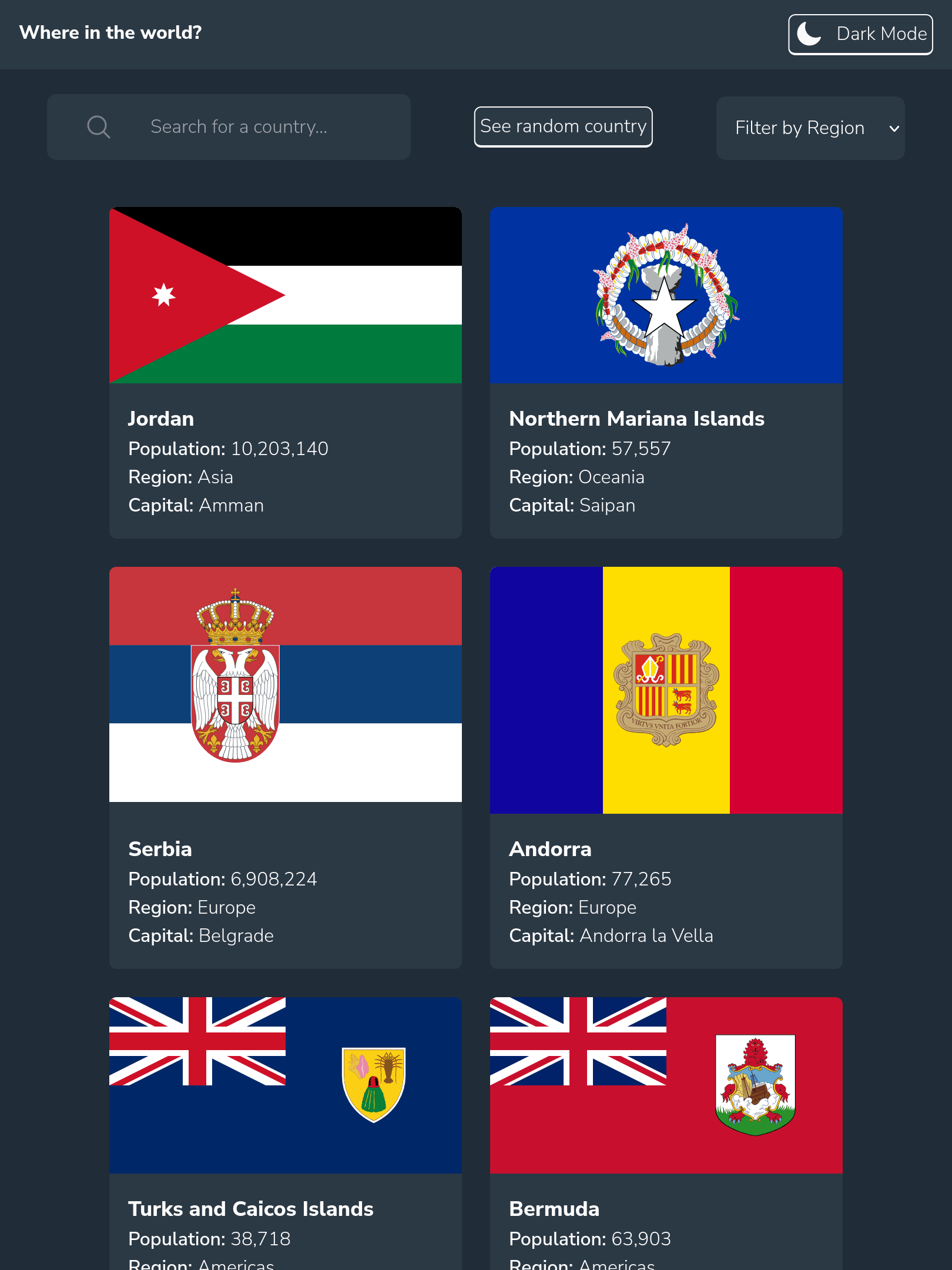 screenshot of countries app for tablet